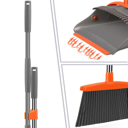 Broom and Dustpan Set for Home, Broom and Dustpan Combo for Office, Long Handle Broom with Upright Standing Dust pan,Indoor&Outdoor Sweeping (Gray&Orange)