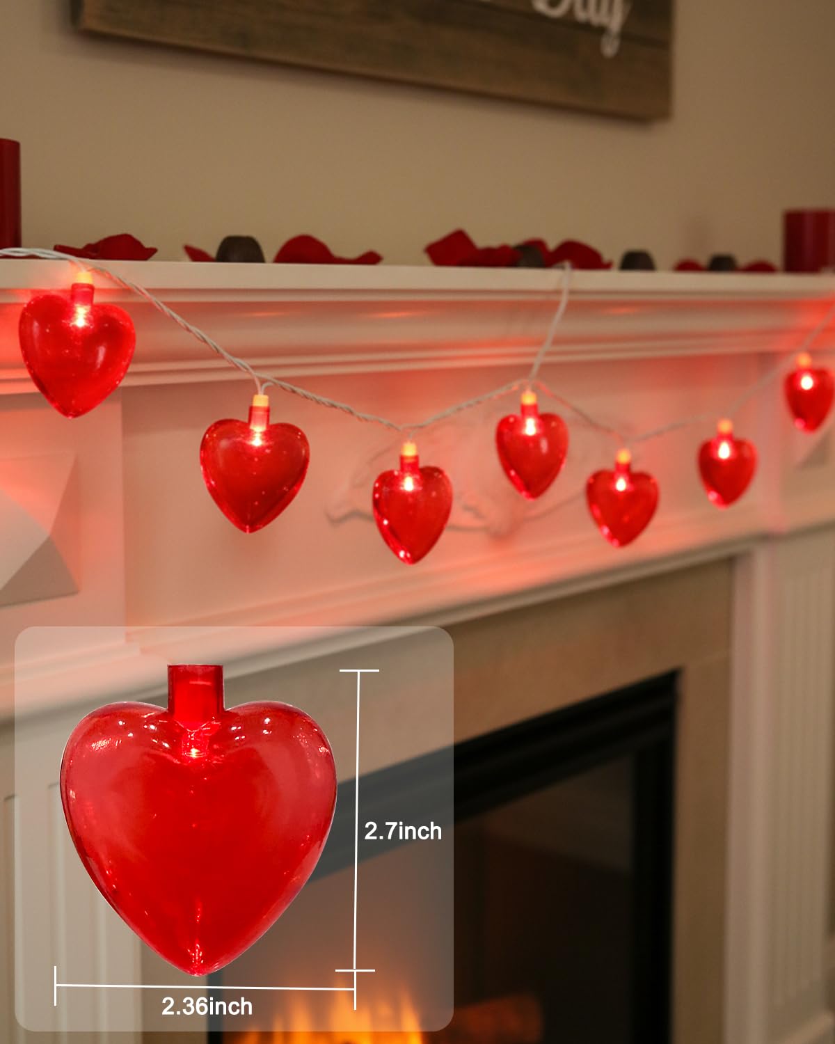 SUNSGNE 8.5Ft Red Heart String Lights, Valentines Lights with 10 LED Red Heart Bulbs for Valentine Mother's Day Wedding Anniversary Party Christmas Decor