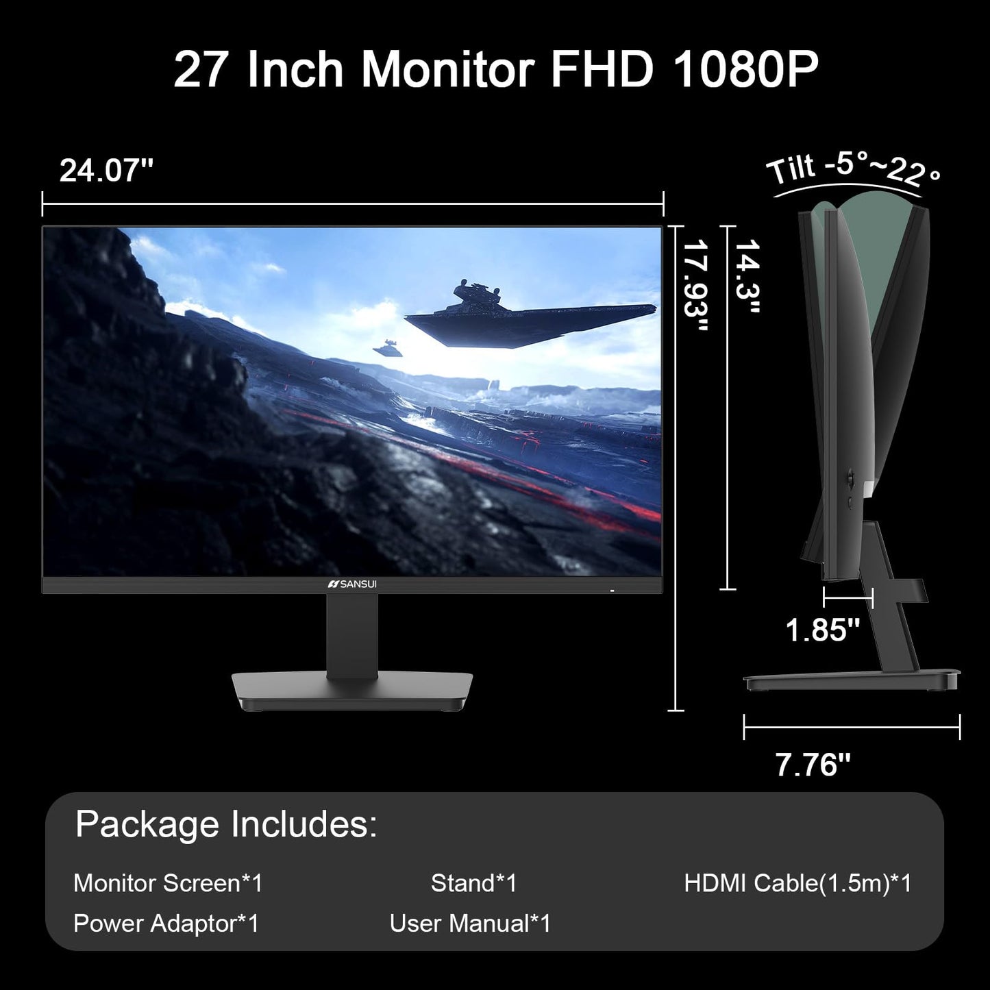 SANSUI 27-Inch IPS Monitor, 120Hz, Full HD 1920x1080, HDMI and DisplayPort, VESA Mountable