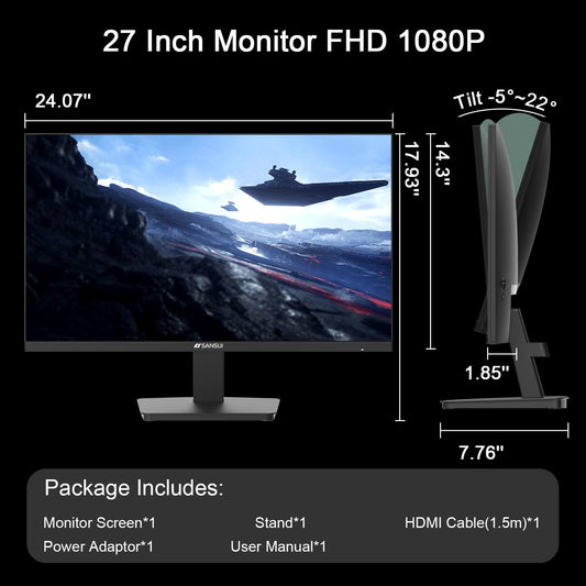 SANSUI 27-Inch IPS Monitor, 120Hz, Full HD 1920x1080, HDMI and DisplayPort, VESA Mountable