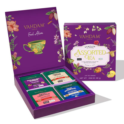 VAHDAM, Assorted Valentines Day Tea Gift Set | Classic Gift Box - 24 Unique Flavor in Individually Wrapped Pyramid Tea Bags | Valentines Day Gifts for Him & Her