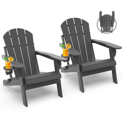 GREENVINES Folding-Adirondack-Chairs-Set-of-2 | HDPE Plastic | Fire Pit Chair | All Weather | Cup Holder | Grey | for Deck Backyard Patio Outdoor Garden