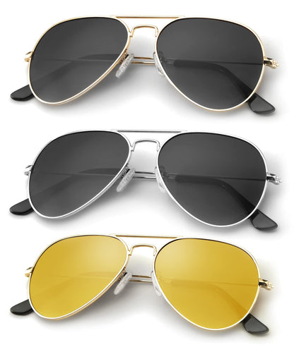 KALIYADI Polarized Aviator Sunglasses for Men Women Metal Sun glasses UV Blocking, 3 PACK(Golden Black/Silvery Black/Night Vision, 62mm)