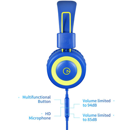 noot products Kids Headphones with Microphone K12 Stereo 5ft Long Cord with 85dB/94dB Volume Limit Wired On-Ear Headset for iPad/Amazon Kindle,Fire/Toddler/Boys/Girls/School(Blue/Lime)