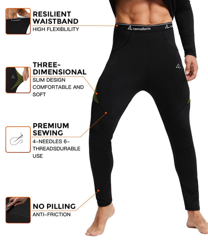 CL convallaria Thermal Underwear for Men, Long Johns Winter Hunting Gear Sport Base Layer Top and Bottom Set Midweight Black L