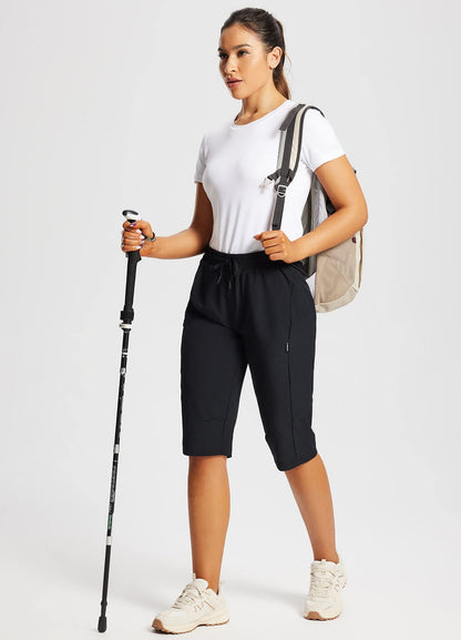 baleaf Women's 15" Long Shorts Below The Knee Capri Hiking Cargo Shorts Lightweight Quick Dry Elastic Waist for Casual Black L
