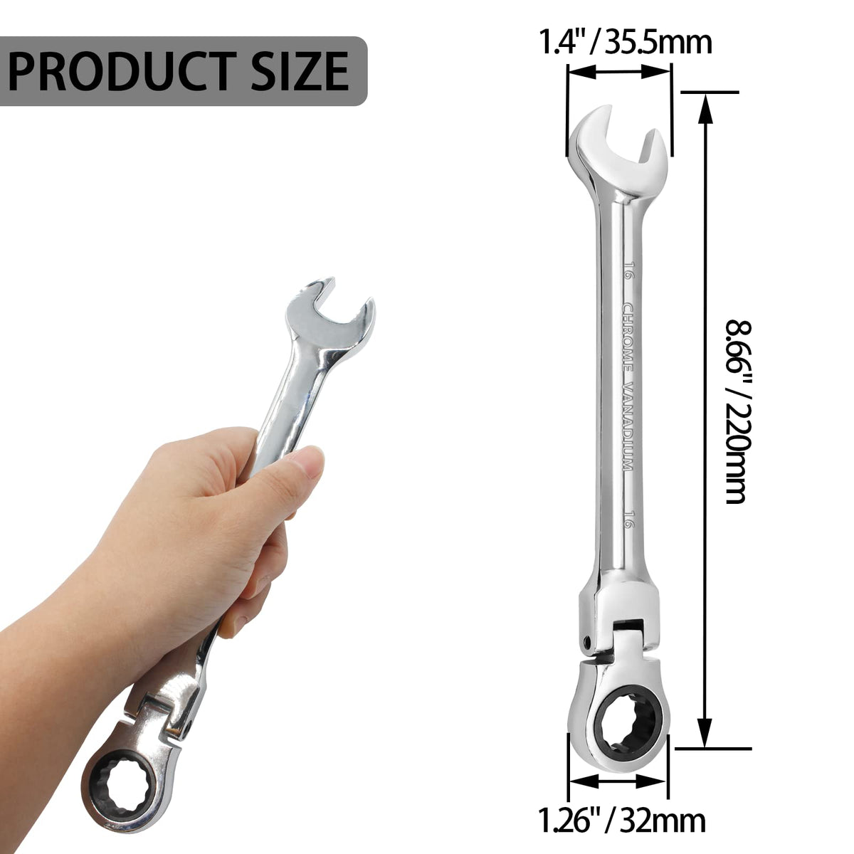 HARSKIYER 16mm Flex Head Ratchet Wrench, 12 Point Chrome Vanadium Steel Combination Spanner with 72 Tooth Ratcheting Gear, Metric Industrial Grade Tool for Automotive and Mechanical Maintenance