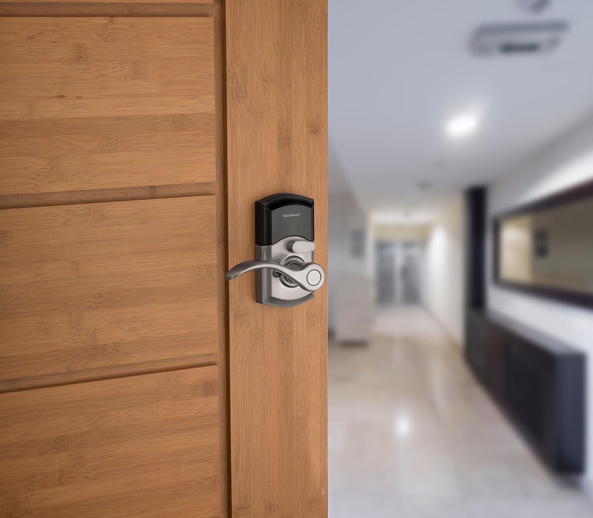 Kwikset SmartCode 955 Pembroke Light Commercial 10-Button Keypad Electronic Lever, Featuring Convenient Keyless Entry, 3-Year Batter Life and High Traffic Durability Satin Nickel