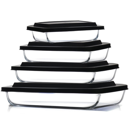 Eatex 8-Piece Deep Glass Casserole Dishes for Oven with Plastic Lids, Glass Baking Dishes for Oven, Rectangular Bakeware for Lasagna, Cooking, Leftovers, Kitchen, Freezer to Oven Dishwasher Safe