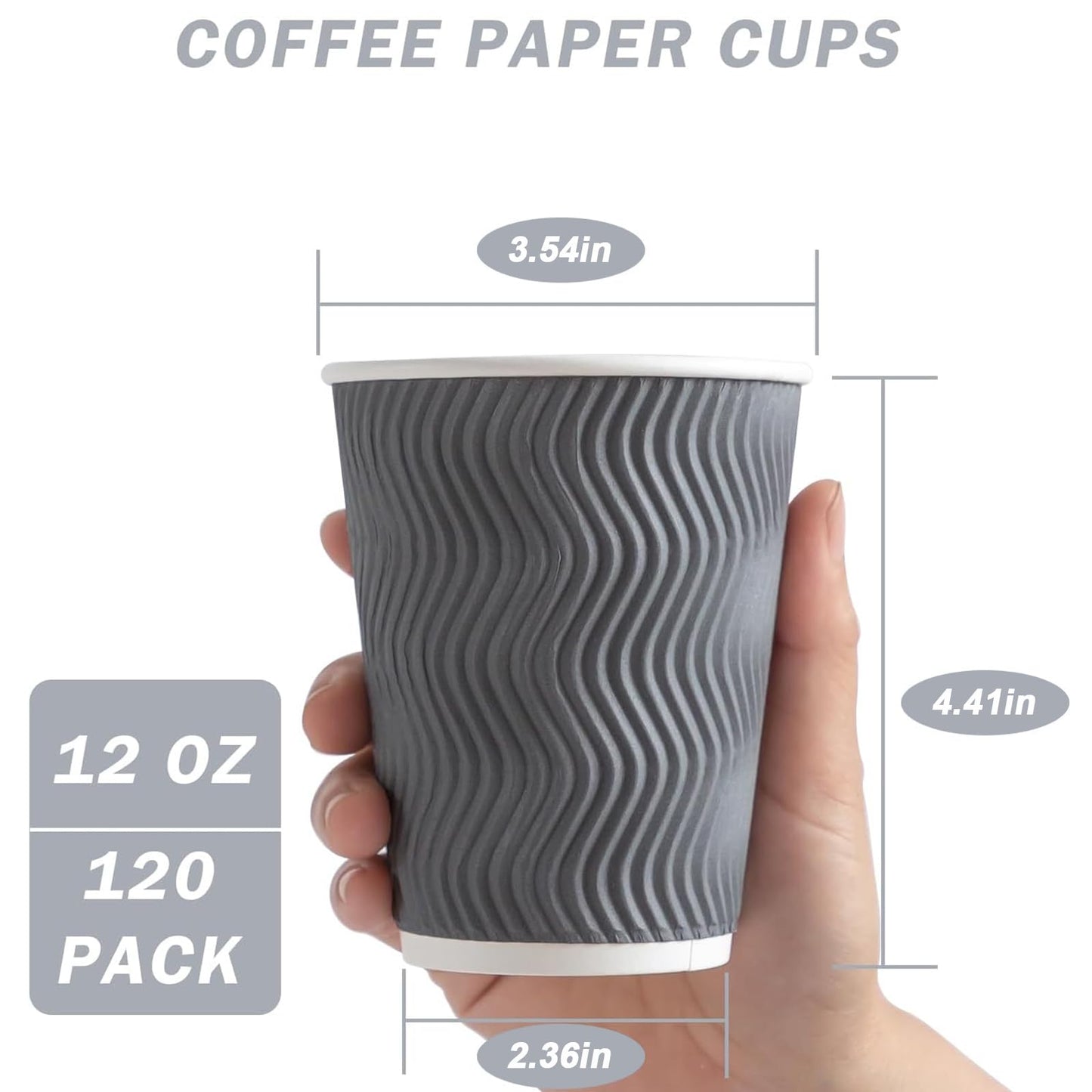 Clawsoff Coffee Cups 12 oz 120 Pack, Corrugated Insulated Ripple Wall Disposable Paper Coffee Cups 12oz, To Go for Hot Beverage or Cold Drinks Office/Home/Cafe/Party/Travel (Gray)