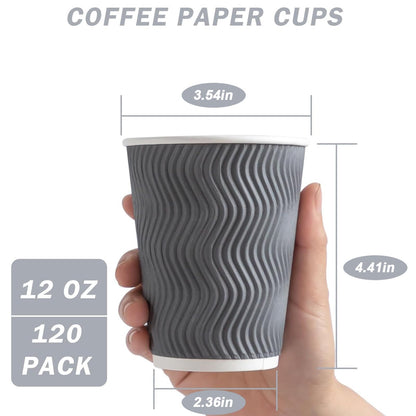 Clawsoff Coffee Cups 12 oz 120 Pack, Corrugated Insulated Ripple Wall Disposable Paper Coffee Cups 12oz, To Go for Hot Beverage or Cold Drinks Office/Home/Cafe/Party/Travel (Gray)