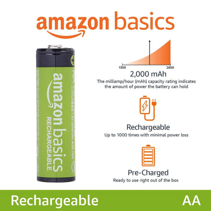 Amazon Basics Rechargeable AA Batteries, 16-Count, 2000 mAh, NiMH, Recharge up to 1000x Times, Pre-Charged