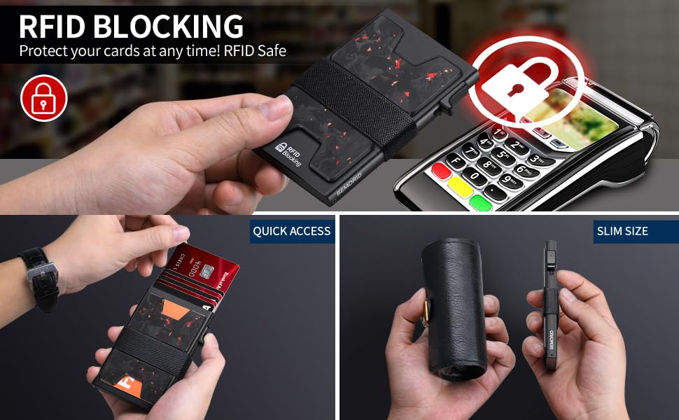 SEMORID Slim Wallet for Men, Minimalist RFID Blocking Mens Card Wallet - Pop Up Credit Card Holder, Thin Metal Case with Cash Band, Hold 12+ Cards