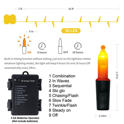 WATERGLIDE 2 Pack 50 LED Outdoor Halloween Lights, 16 FT Mini String Light with 8 Modes, Waterproof Battery Operated Tree Lights for Indoor Outdoor Patio Garden Party Decoration, Orange & Purple