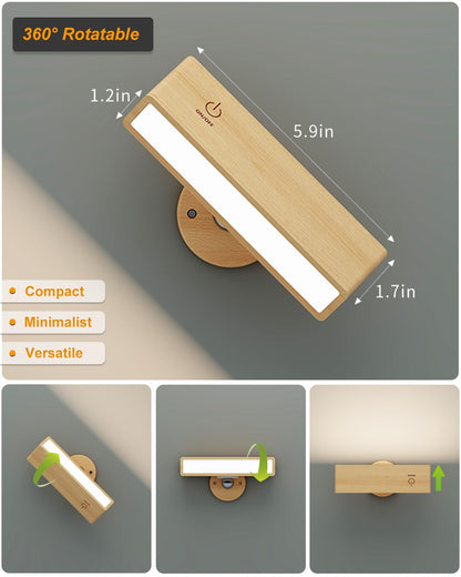DetarZinLED Wooden Wall Sconce Battery Operated with Remote,Rechargeable Wall Lights for Bedroom with 3 Color Temperature, Magnetic, Stick-On, Dimmable Wall Reading Lights (Beech Wood, 2Pack-Remote)