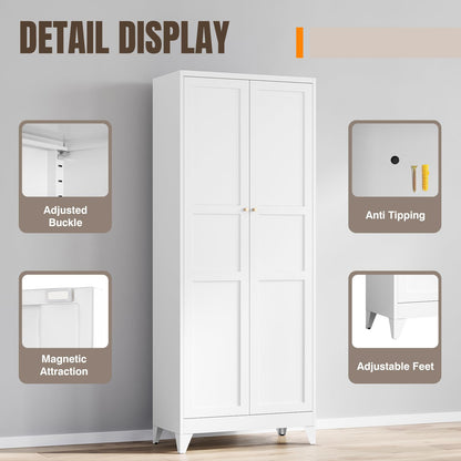 Yizosh Metal Pantry Cabinet, 75" Kitchen Pantry with 2 Door and 4 Adjustable Shelves,White Metal Pantry Storage Cabinet,Cupboard for Kitchen,Dining Room,Living Room and Bathroom