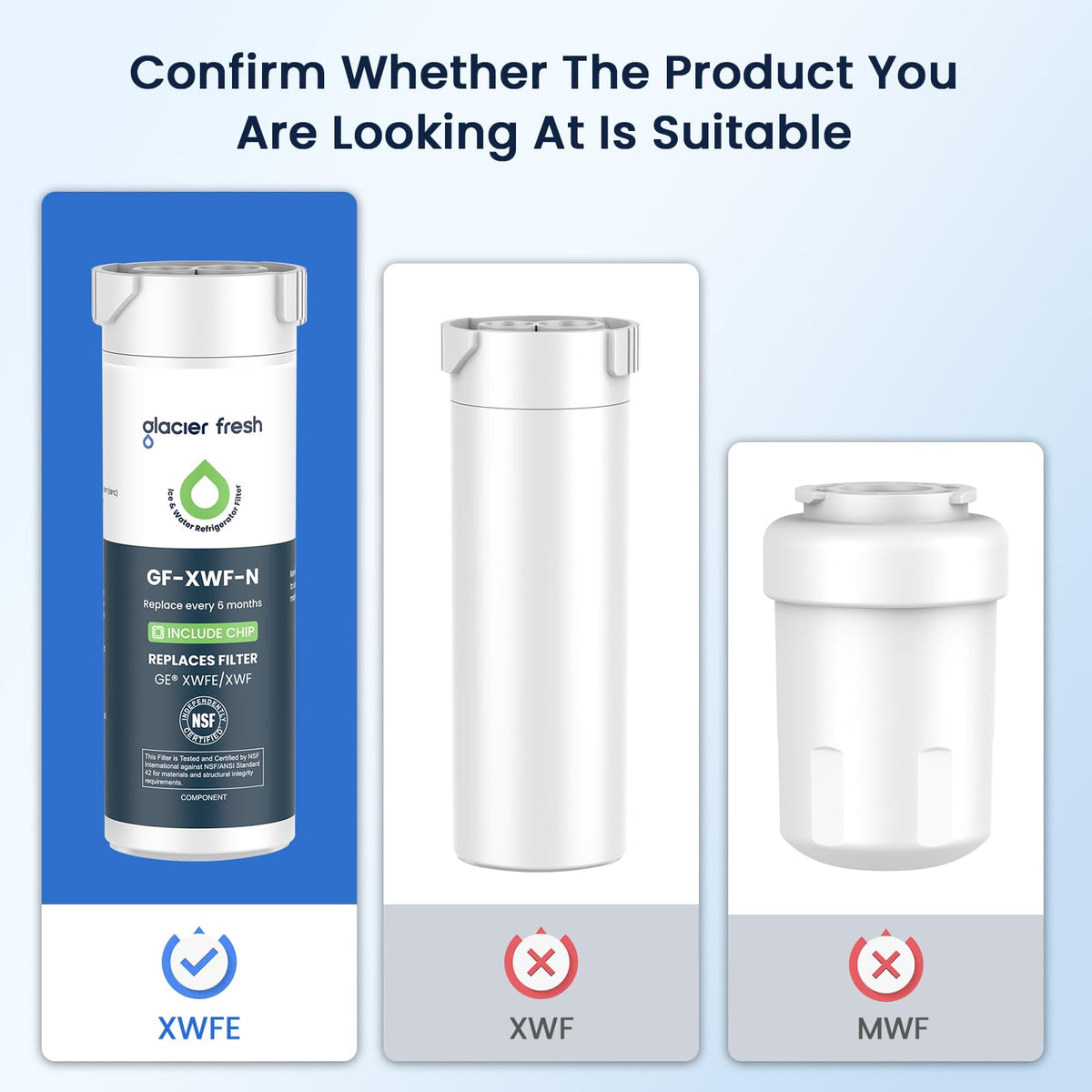GLACIER FRESH Water Filter Compatible with XWFE (Built-in CHIP), Replacement for GE XWFE, XWF Refrigerator Water Filter NSF/ANSI 42 Certification Pack of 1