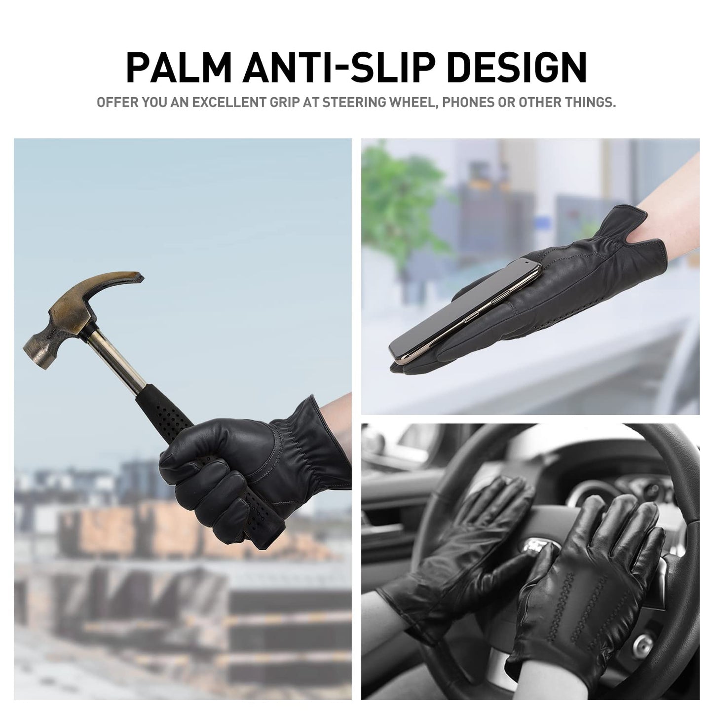 BISON DENIM Winter Genuine Sheepskin Leather Gloves for Men, Touchscreen Texting Warm Cashmere Lined Gloves for Driving (Black,Large)