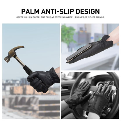 BISON DENIM Winter Genuine Sheepskin Leather Gloves for Men, Touchscreen Texting Warm Cashmere Lined Gloves for Driving (Black,Large)