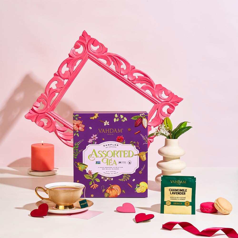 VAHDAM, Assorted Valentines Day Tea Gift Set | Classic Gift Box - 24 Unique Flavor in Individually Wrapped Pyramid Tea Bags | Valentines Day Gifts for Him & Her