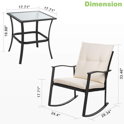 Vongrasig 3 Piece Outdoor Rocking Chair Set, PE Wicker Rattan Small Bistro Set, Front Porch Furniture Rocking Chairs Set of 2, Cushioned Patio Rocker Chair Set with Glass Table (Beige)