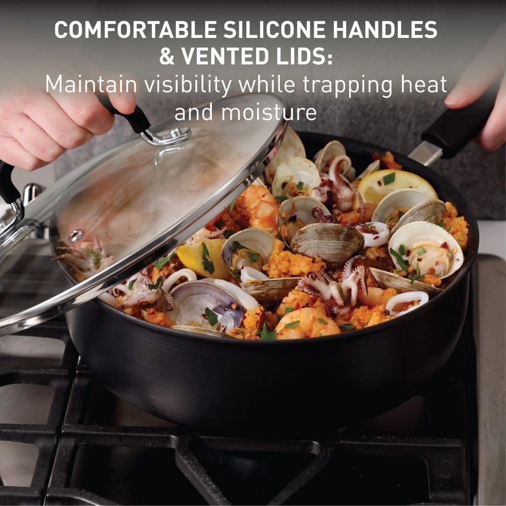 T-fal Ultimate Hard Anodized Nonstick Cookware Set 14 Piece, Oven Broiler Safe 400F, Lid Safe 350F, Kitchen Cooking Set w/Fry Pans, Saucepans, Griddle, Dutch Oven, Pots & Pans, Dishwasher Safe, Black