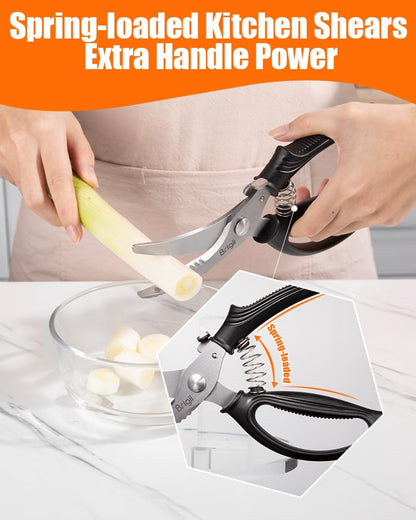 Brigii Kitchen Shears, Stainless Steel Heavy Duty Poultry Shears, Multi-Purpose Kitchen Scissors for Cutting Chicken, Fish, Seafood, and Vegetables, Spring Loaded-KS05Black