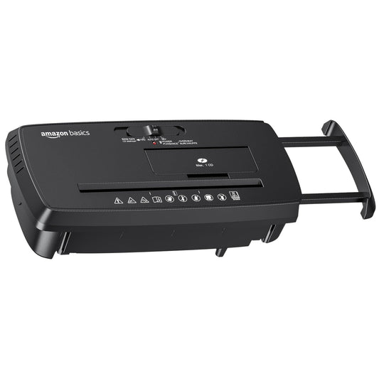 Amazon Basics 8-Sheet Strip Cut Paper, CD, and Credit Card Shredder with Auto-Off Compact, Portable Design, No Basket, Extendable Arm, Black