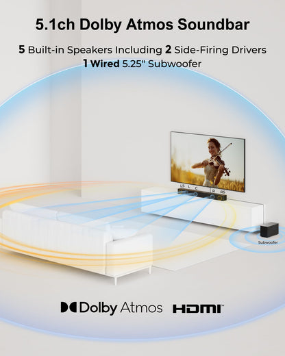 ULTIMEA 5.1CH Surround Sound Bar with Subwoofer, Dolby Atmos, VoiceMX, BassMX, APP, 300W Soundbar for Smart TV, Home Theater Surround Sound System for TV, BT 5.4, Poseidon M60 (2025 Model)