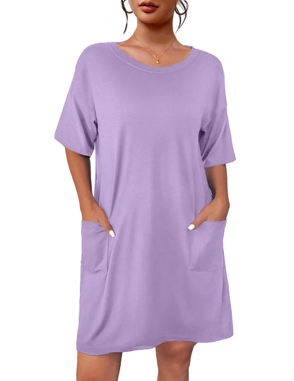 Ekouaer Sleep Shirts for Women Nightgown Short Sleeves T shirt Night Dress Round Neck Womans Nightgown with Pocket Lilac XL