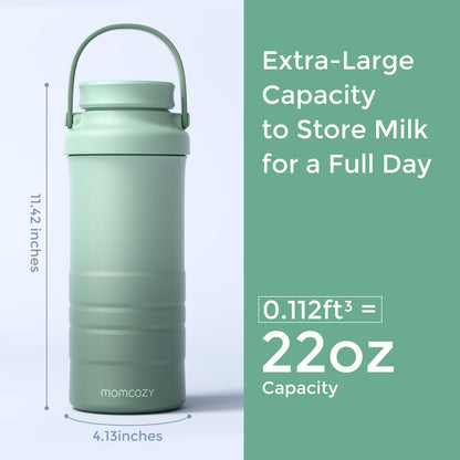 Momcozy 22oz Portable Breast Milk Cooler for Outdoor, Life Saver with 360° Total Cooling for 24 Hours, Larger Capacity Travel Breastmilk Chiller with 2pcs Baby Bottles for Breastmilk Storage, Green