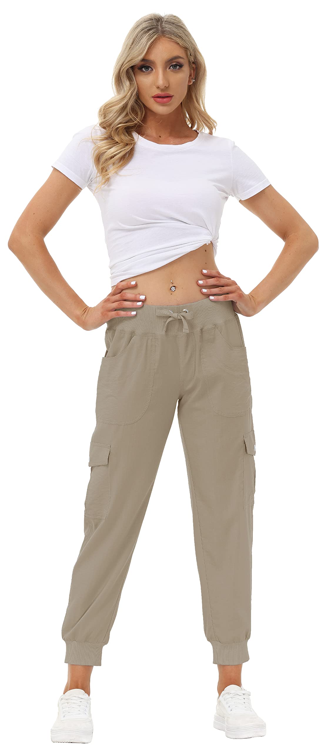 MoFiz Women's Cargo Pants Hiking Joggers Summer Lightweight Quick Dry Athletic Outdoor Sports Sweatpants Travel Casual Button Pockets Khaki M