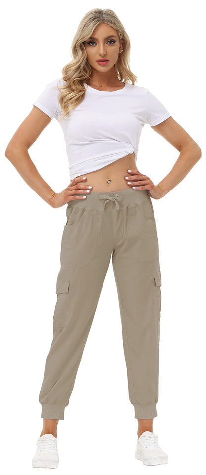 MoFiz Women's Cargo Pants Hiking Joggers Summer Lightweight Quick Dry Athletic Outdoor Sports Sweatpants Travel Casual Button Pockets Khaki M