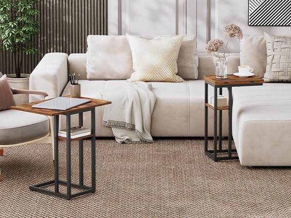 HOOBRO Foldable End Table, C Shaped Side Table with Storage Shelf, Small Snack Table Suitable for Living Room Bedroom Small Spaces, Easy Assembly, Rustic Brown BF29SF01