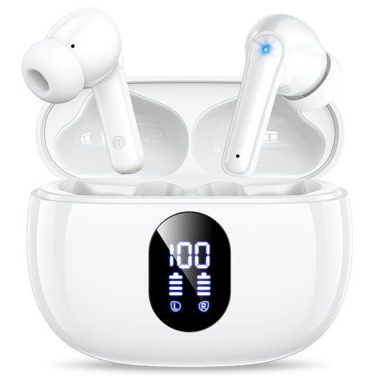 Wireless Earbuds, Bluetooth Ear Buds with Big Bass Stereo Sound, 48 Hours Playtime, Lightweight in-Ear Fit Earphones, IPX7, Hands-Free Calls with AI for iPhone, Android, Pad, Sports, Workout White