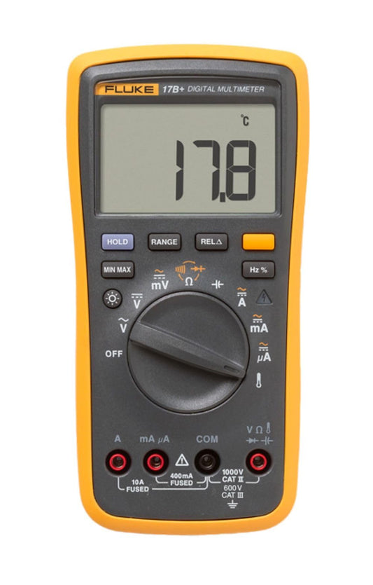 Fluke 17B+ Digital Multimeter, for Electrical Applications, Measures AC/DC Voltage 100V, Current Measurements to 10A, Resistance, Continuity, Diode, Capacitance, Frequency, and Temperature Testing
