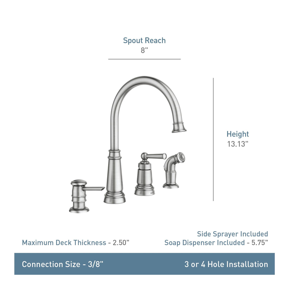 Moen Edison Spot Resist Stainless One-Handle High Arc 4-hole Kitchen Faucet with Side Sprayer and Soap Dispenser, 87042SRS