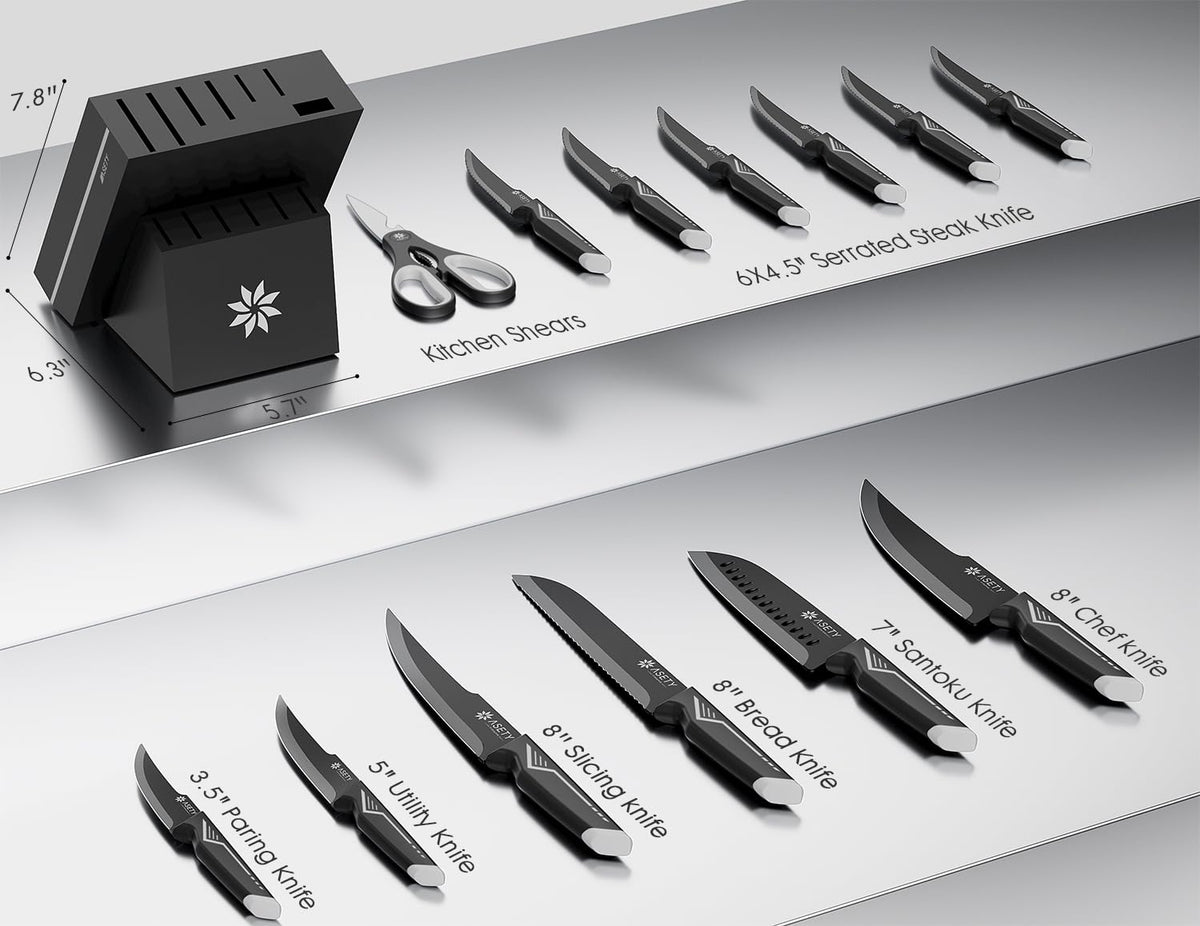 Knife Set - 15 PCS Kitchen Knife Set with Built-in Knife Sharpener Block - Stainless Steel Knife Block Set - Dishwasher Safe, Elegant Box for Men Women, White
