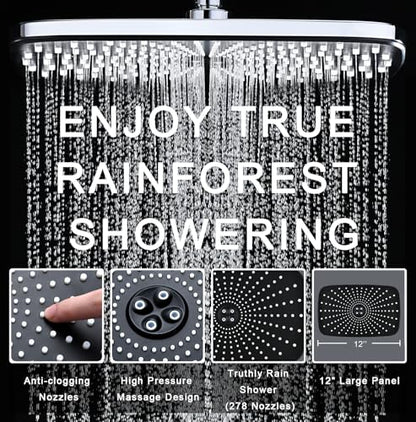 12" High Pressue Rain Shower Head with Handheld, 9 Sprays Hand Showerhead