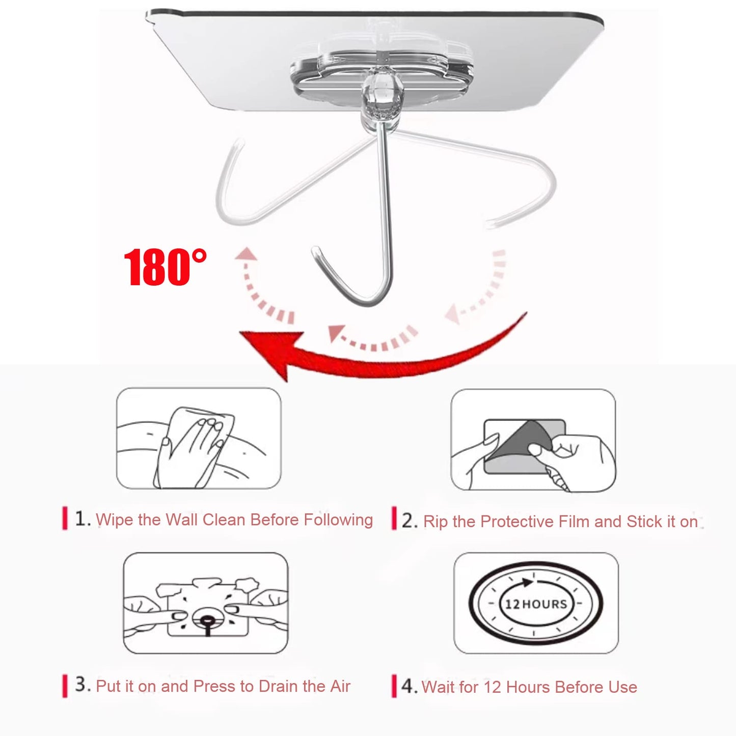 DDMY Heavy Duty Hook 24 Pack Self Adhesive Hooks for Hanging Wall Hooks Transparent Reusable Waterproof Adhesive Sticky Hook for Kitchen Curtain, Towel Bathroom,Coat Shower Door Utility No Damage