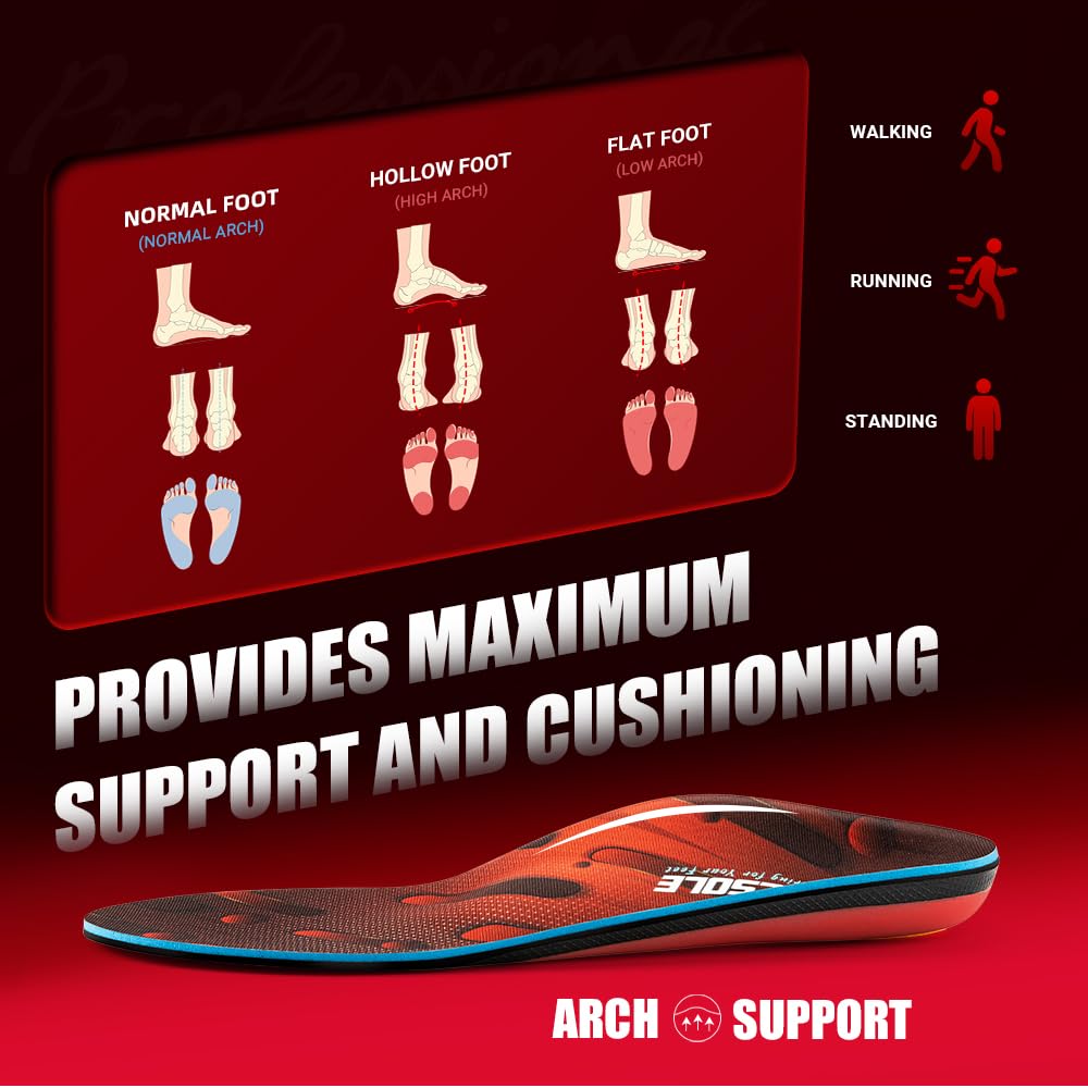 VALSOLE 250+ lbs Plantar Fasciitis High Arch Support Insole for Men Women,Heavy Duty Support Pain Relief Orthotics Insert,Relieve Flat Feet,High Arch,Foot Pain,Standing All Day Boot Work Shoe Insole