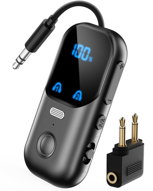 Bluetooth 5.4 Transmitter Receiver for 2 AirPods/Headphones, 2-in-1 Airplane Bluetooth Adapter with Mic for Hands-Free Calls, Low Latency, Wireless Audio Adapter for Travel Flight TV Speakers