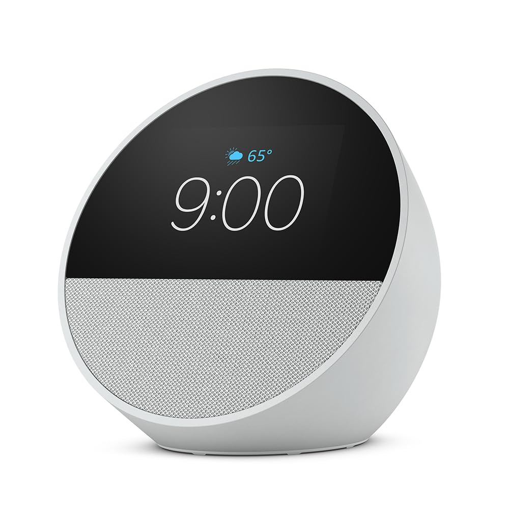 Amazon Echo Spot (newest model), Great for nightstands, offices and kitchens, Smart alarm clock with Alexa, Glacier White