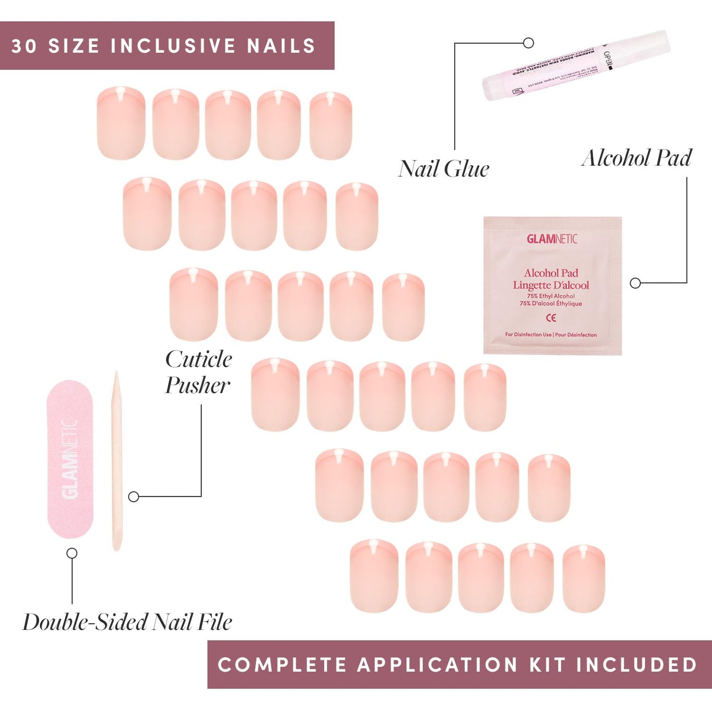 Glamnetic Press On Nails - French Peach | Super Short Round Fake Nails with Peach French Tips and Glossy Finish, Reusable Spring Nails | 15 Sizes - 30 Nail Kit with Glue
