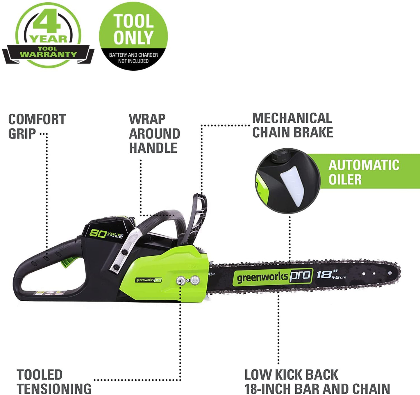 Greenworks 80V 18" Brushless Cordless Chainsaw (Great for Tree Felling, Limbing, Pruning, and Firewood) / 75+ Compatible Tools), Tool Only, Black & Green