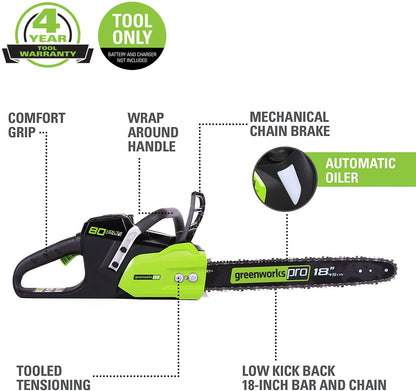 Greenworks 80V 18" Brushless Cordless Chainsaw (Great for Tree Felling, Limbing, Pruning, and Firewood) / 75+ Compatible Tools), Tool Only, Black & Green