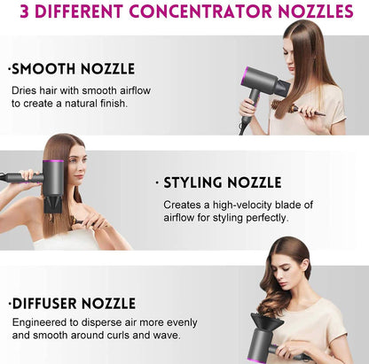 slopehill Professional Ionic Hair Dryer, Powerful 1800W Fast Drying Low Noise Blow Dryer with 2 Concentrator Nozzle 1 Diffuser Attachments for Home Salon Travel