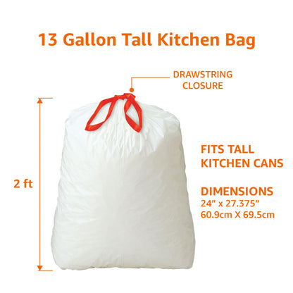 Amazon Basics Trash Bags, Tall Kitchen Drawstring, Unscented, 13 Gallon, 120 Count, Pack of 1