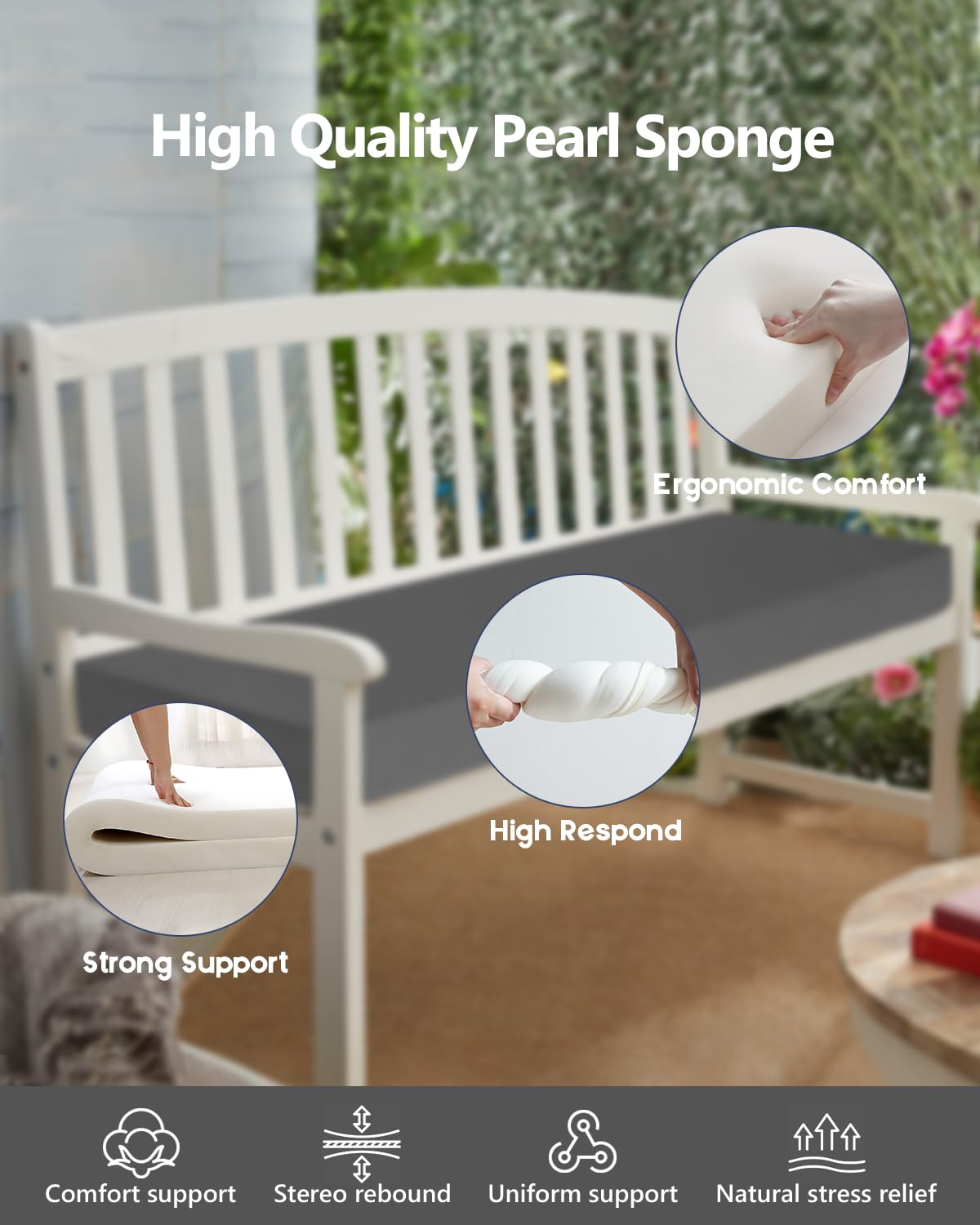 Navenwelle 48x18x3“ Outdoor Bench Cushion, Strengthen Waterproof Seat Cushions, High-Density Bench Pad with Anti-Slip Bottom, Outdoor Cushion for Patio Garden Swing Furniture (Grey)