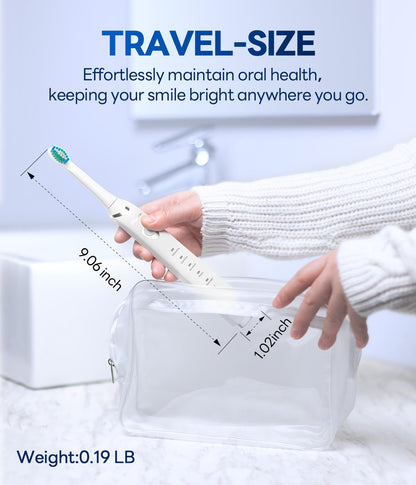 Bymore Electric Toothbrush for Adults,Travel Sonic Toothbrush with 8 Replacement Heads, Ultra Clean RechargeableToothbrush Portable One Charge for 330days 5 Modes 2mins Timer-White